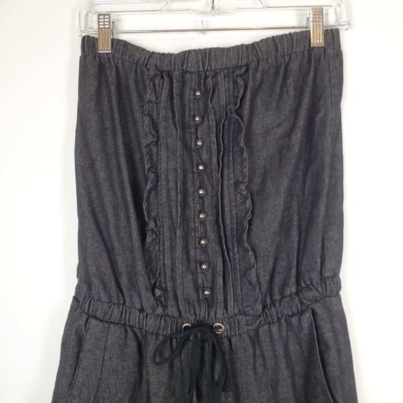 579 Small Strapless black Denim Jumpsuit Lightweight‎ Faux Buttons Jogger Pullon - Picture 7 of 11